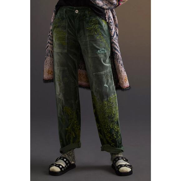 Pilcro for Anthroplogie Velvet Green Emroidered The Wanderer Pants - Picture 2 of 14